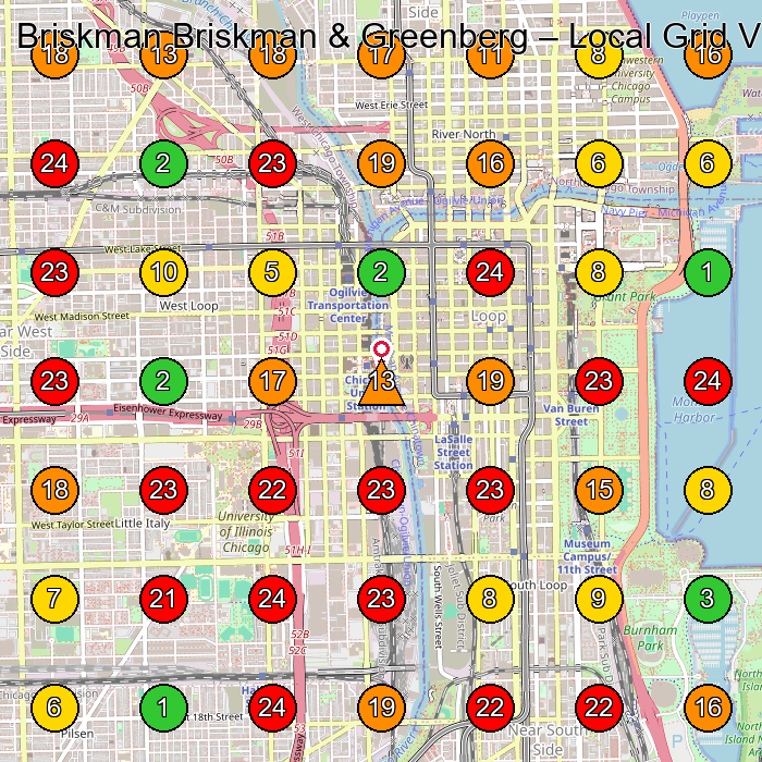 Briskman Briskman & Greenberg Personal Injury Attorney GeoGrid ranking map for Chicago IL